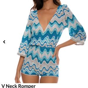 NWT Luli Fama v neck romper in aqua sky waves